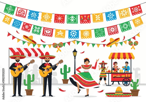 Mexican Fiesta Celebration with Mariachi Band and Traditional Dancers.