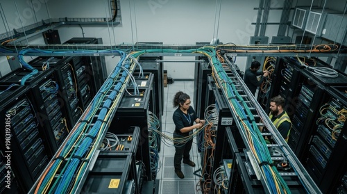 Female engineer working in data center server room among cable racks and network equipment for it operations and maintenance background