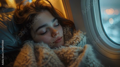 Wallpaper Mural A young woman rests comfortably, wrapped in a warm blanket, while gazing outside an airplane window illuminated by city lights at night. The tranquil atmosphere enhances her relaxation Torontodigital.ca