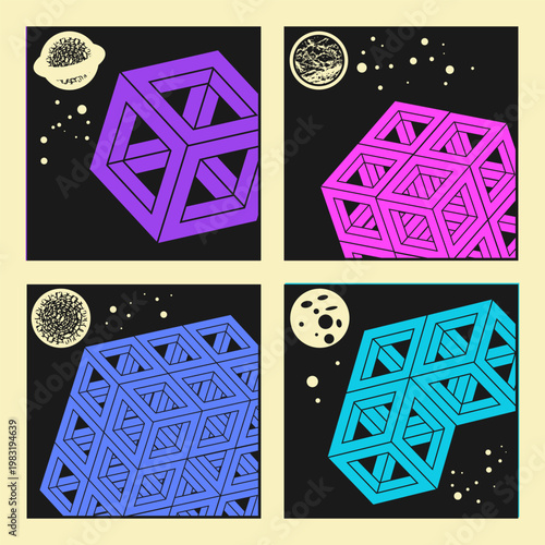 Four colorful posters featuring technical space debris against a backdrop of stars and planets. Vector set