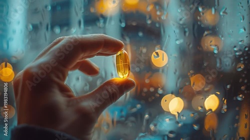 Wallpaper Mural Against a blurred backdrop of rain-soaked glass and twinkling city lights, a hand grasps a golden gel capsule at twilight, juxtaposing urban life's chaos with the pursuit of health and wellness Torontodigital.ca