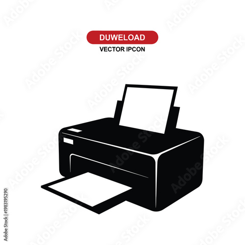 A black and white vector illustration of an inkjet printer, with paper loaded and ready to print.