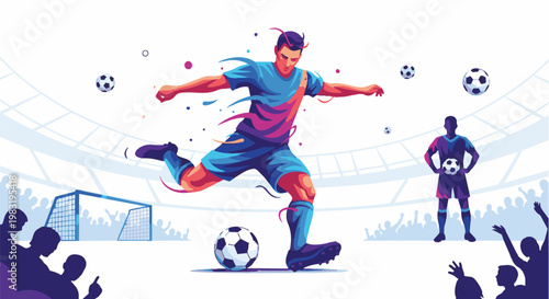 Bilde på lerret Soccer player kicking ball in dynamic motion with vibrant colors and abstract st
