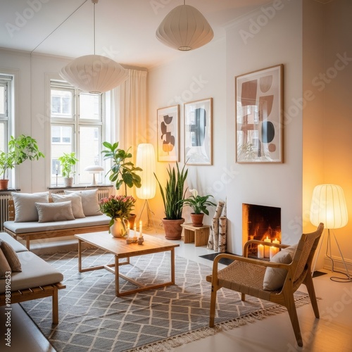 Cozy living room interior with fireplace and natural light home decor