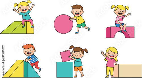 Cartoon vector illustration of children playing with colorful geometric shapes showing creativity, fun and educational activity design