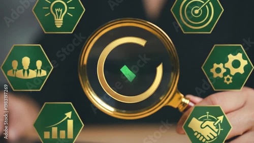 Copyright Protection Concept with Magnifying Glass Over Business Icons | Intellectual Property Search and Verification | Legal Rights and Innovation Inspection with Holographic Icons