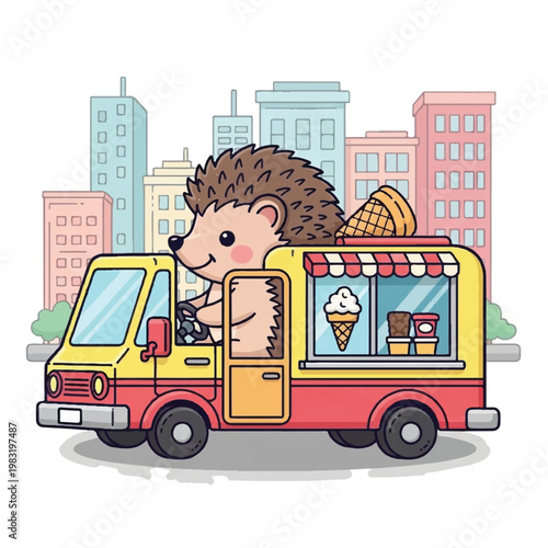 Hedgehog driving ice cream truck.