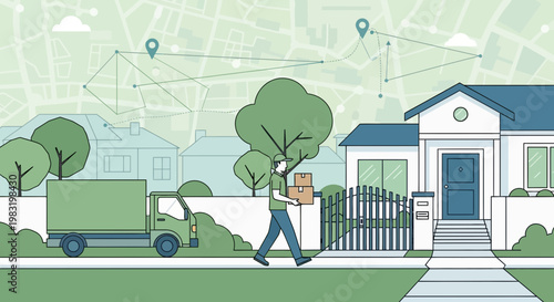 Man Carrying Boxes Near Moving Truck and House.