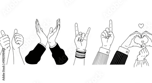 A collage of diverse hand gestures including thumbs up, peace signs, and hearts.