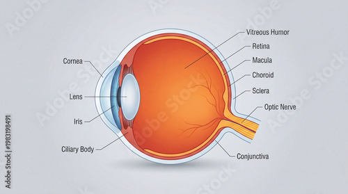 Anatomy of the human eye cross section diagram with labeled ocular structures, infographic.