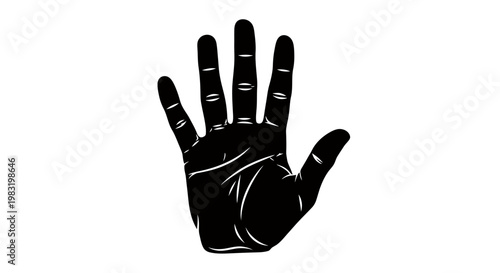 Black hand silhouette with raised palm gesture against a white background, graphic vector illustration.