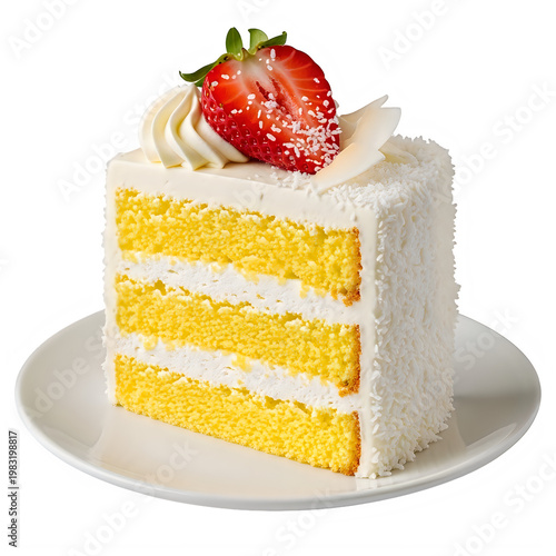 Delicious slice of vanilla cake topped with fresh strawberry and whipped cream