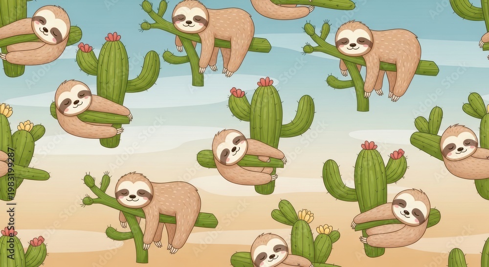 Naklejka premium a repeating pattern of cartoon sloths hanging from green cacti on a sandy beach with a blue sky back