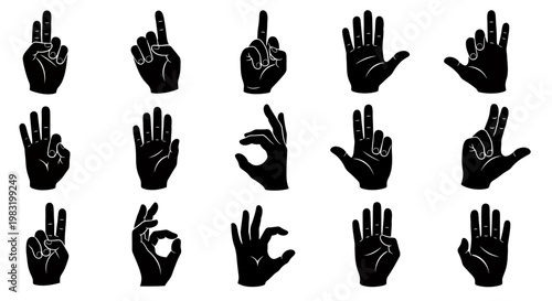 Collection of black hand gesture icons in various poses for graphic design and illustration.