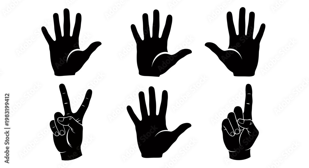 Obraz premium Set of black hand silhouettes showing various gestures against a white background.