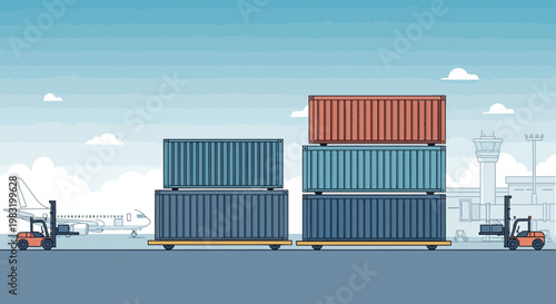 Shipping Containers Stacked and Handled by Forklifts.