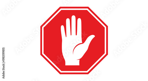 Red octagonal stop sign with white raised-hand symbol, a bold safety warning graphic for communication and prohibition.