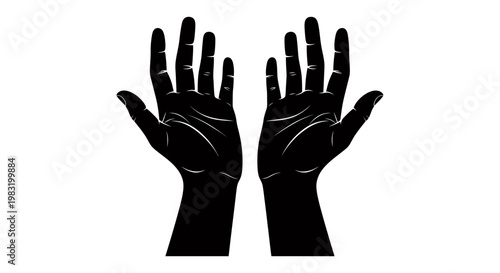 Two silhouetted hands raised in the air as a bold silhouette against a white background.