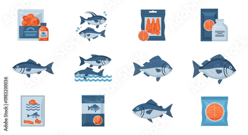 Various depictions of fish products and packaging, including canned, bagged, and bottled items