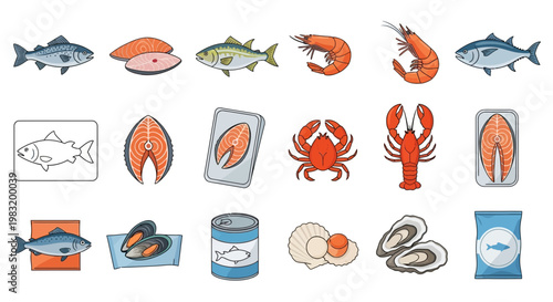 Collection of various seafood illustrations including fish, prawns, lobsters, oysters, mussels, and canned fish options