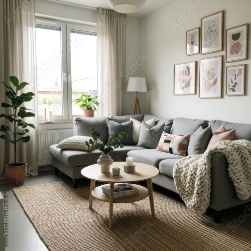 Cozy living room interior with sectional sofa art prints and plants