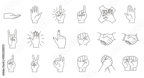 Collection of hand gesture icons and line art depicting diverse poses and signs.