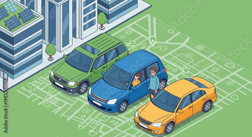 Three Cars Parked on a City Street with Buildings.