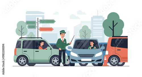 Traffic controller directing cars in city street scene.