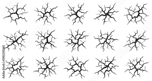 Volcanic Pressure Crack Patterns Set Pack. Editable Vector Stroke Illustration. featuring crack, fissure, damage, broken, shattered, rupture, fracture, distressed, grunge, texture, wall more patterns.