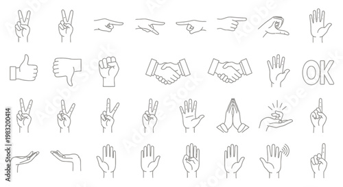 Collection of Hand Gesture Icons and Line Art Signs for Communication Design.