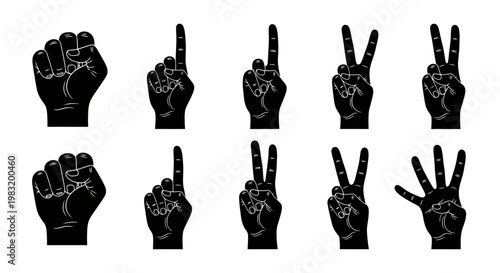 Collection of Black Hand Gesture Icons Showing Fists and Victory Signs.