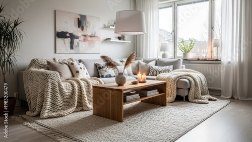 Cozy living room interior with sofa blanket and coffee table near window
