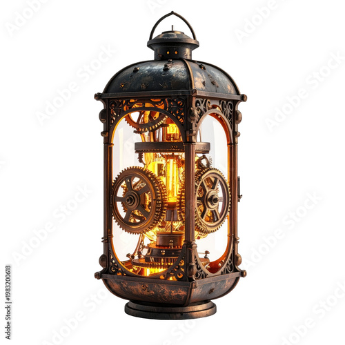 Ornate steampunk lantern with exposed gears, glass panels, and warm, internal illumination