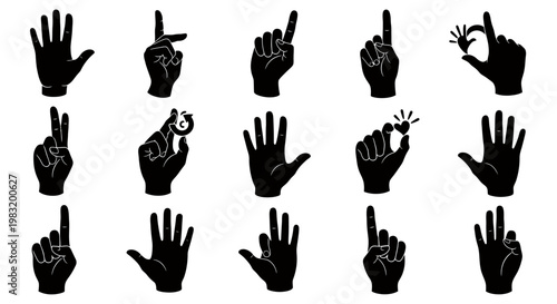 Collection of black hand silhouettes showing diverse gestures and signs for graphic design.