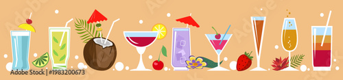 Сoctails with tropical flowers, fruits and leaves, panorama. Vector illustration.	
