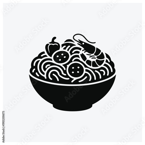 Silhouette of shrimp noodle bowl with vegetables