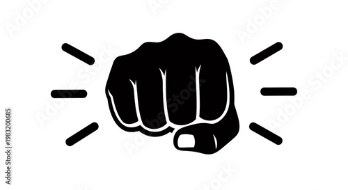 Bold black fist icon with rays indicating impact and energy, a strong graphic emblem.