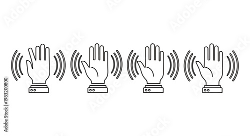 Four illustrated hands clapping in sequence with motion lines and simple icons.