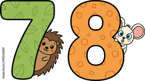 Cartoon vector illustration of numbers with hedgehog and mouse showing educational design for children learning fun
