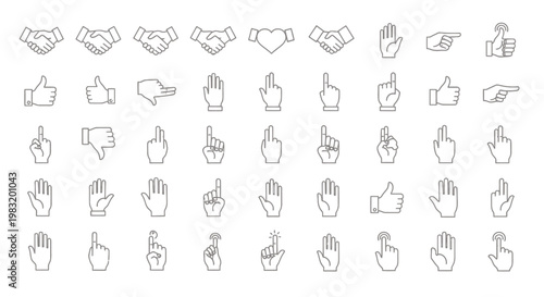 Collection of grey line art thumbs up icons arranged in a grid for graphic resources and design.