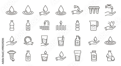 Collection of simple line icons depicting various beverages, cups, bottles, and drinkware in a minimalist style.