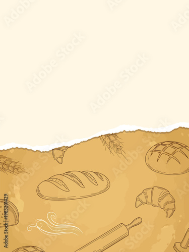 Vintage Bakery Poster Template with Torn Paper Effect, Hand Drawn Bread and Wheat Illustrations on Kraft Background, Rustic Menu Flyer for Pastry Shop