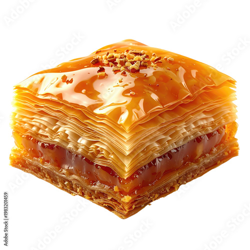 Close-up of baklava pastry, showcasing flaky layers and a sweet, syrupy glaze