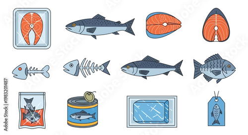 Collection of various fish images, cuts, and packaging, perfect for culinary and seafood content