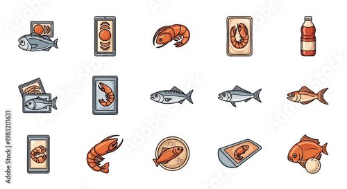 A delightful collection of hand-drawn seafood icons, showcasing fresh fish, shrimp, and canned delicacies, perfect for menus and culinary designs