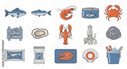 Collection of various seafood and aquatic animals, including fish, crustaceans, shellfish, and processed fish products
