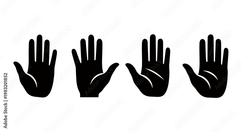 Fototapeta premium Four raised hand silhouettes arranged in a row against a white background.