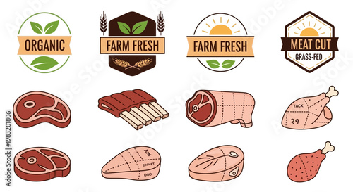 Organic Farm Fresh Meat Cuts Illustration Set