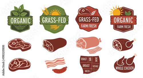Diverse set of premium quality organic and grass-fed meat product badges and fresh butchered poultry with beef cuts for healthy food concepts
