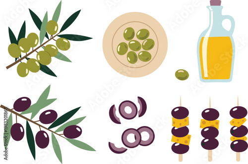 Foto Olive Vector Illustration Set with Olive Branch Oil Bottle Slices and Appetizer